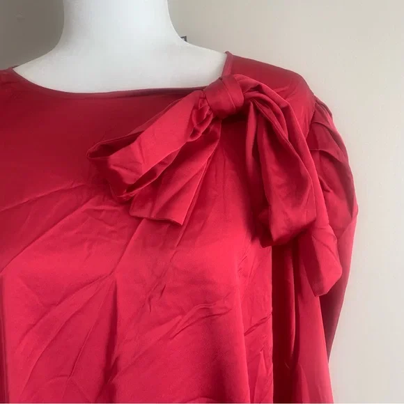 Eloquii Satin Long Sleeve Bow Gathered Blouse - Picture 8 of 10